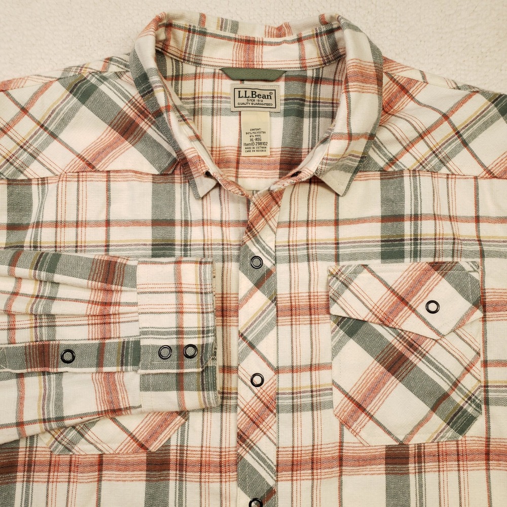 LL Bean Katahdin Performance Flannel Shirt Men XL White Orange Green Plaid Wool